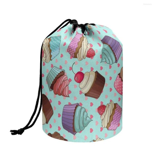 Bolsas cosméticas Coloranimal Sweet Cake Prints Bolsa cilíndrica feminina portátil dobrável fácil de transportar armazenamento para cuidados com a pele para mulheres