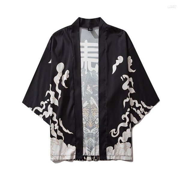 Camisas casuais masculinas estampadas em ondas pretas kimono cardigã tradicional japonês roupas para mulheres masculinas tamanho grande manto masculino