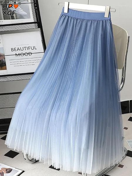 Юбки Винтажная плиссированная градиентная светло-голубая длинная юбка для женщин Летняя эластичная высокая талия А-силуэта Корейская дизайнерская уличная одежда