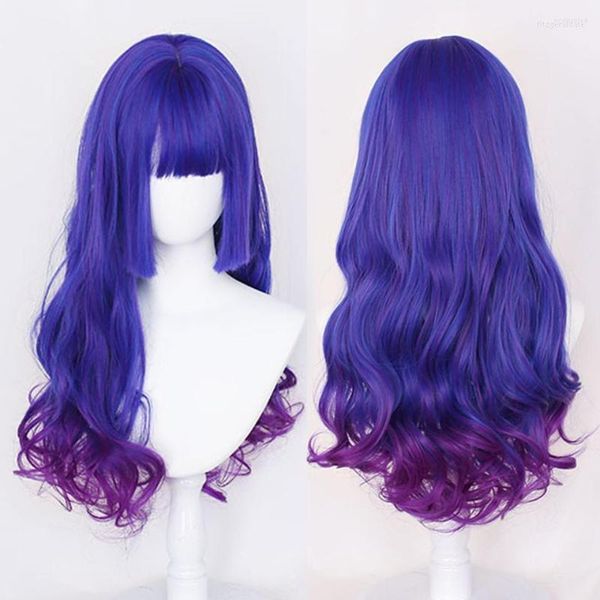 Synthetische Perücken HOUYAN Lange gewellte lockige Haarperücke Frauen Pony Lila Blau Hervorhebung Cosplay Lolita Natürliche Party Hitzebeständig