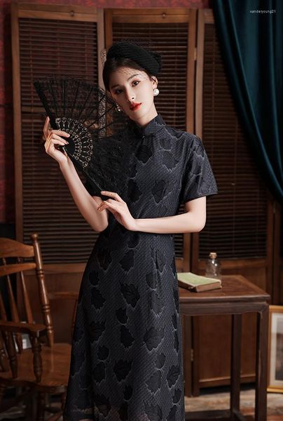 Abbigliamento etnico Stile cinese Manica corta Collo alla coreana Qipao Donna Vintage Classico pizzo nero Cheongsam Vestidos Taglia M-3XL