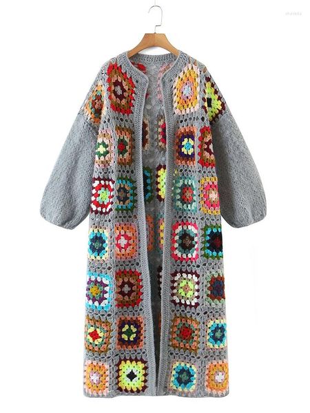 Maglieria da donna YENKYE Autunno Donna Boho Flower Plaid Mano Crochet Cardigan lungo Maglione Cappotto Vintage Lanterna Manica O Collo Capispalla femminile