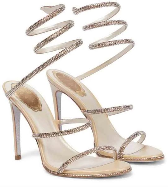 2023 Sexy R- Cleo Sandálias de couro enfeitadas com cristais Strappy Women Nice Pumps Marcas de luxo Festa de casamento Noiva Verão CaovillaS Lady Salto alto