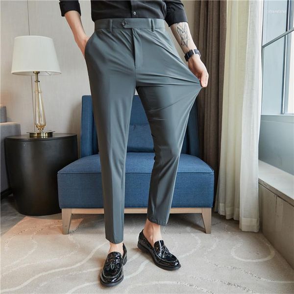 Мужские костюмы 2023 Ice Silk High Elastic Pants For Men Summer Thin Business Dress Suit Pant Slim Striped Office Social Trousers