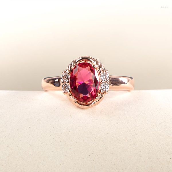 Cluster Rings Joiashome Aberto Para Mulheres Rosa Dourado Simples Forma Oval Rubi Pedra Vermelha Aniversário Casamento Jóias Dedo Fino Na moda