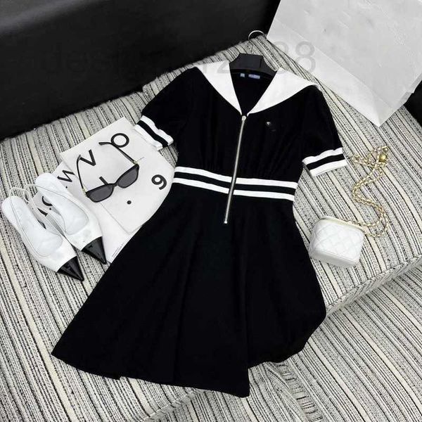 Vestidos casuais básicos estilista verão novo estilo academia doce idade redução de contraste fio emendado vestido de manga curta decote marinho 2KDG