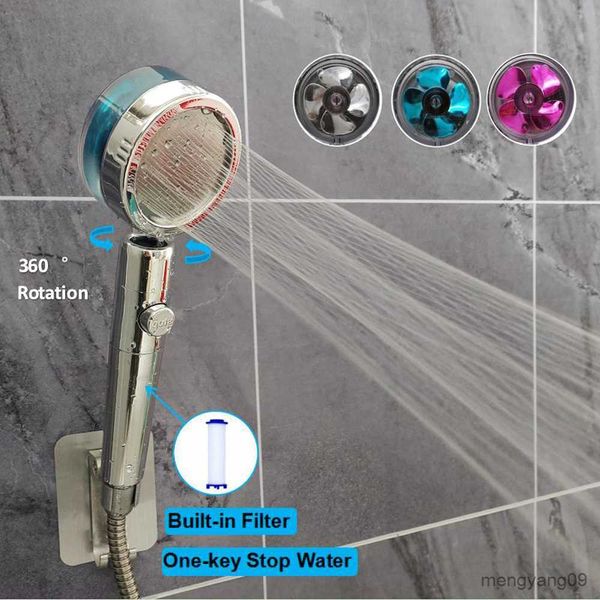 Soffioni doccia da bagno Soffione doccia con elica turbo Doccia con filtro portatile ad alta pressione in ABS con pulsante di arresto Accessori doccia rotanti a 360 ° R230627