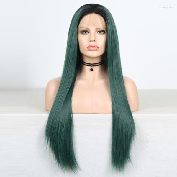 Synthetische Perücken Charisma Langes glattes Haar Ombre Grüne Perücke Hochtemperaturfaser-Spitzefront mit schwarzen Wurzeln Cosplay