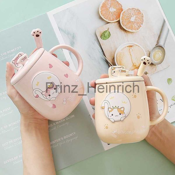 Canecas Gato Bonito Caneca Cerâmica Com Colher E Tampa Personalidade Escritório Desenhos Animados Menina Coração Leite Xícara De Café Suprimentos De Cozinha J230627