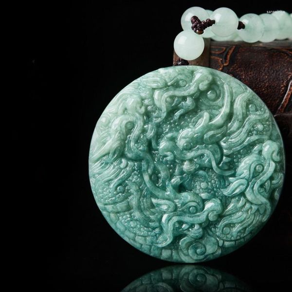 Collane con ciondolo Collana rotonda a doppia faccia con drago in pietra di giada naturale della Birmania