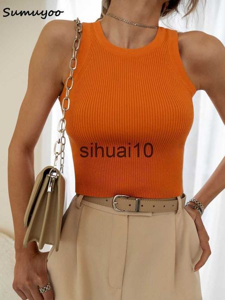 T-Shirt Feminina Sumuyoo 2023 Summer Knit Tops Women Casual Crop Tops Sexy Girls Suspender Colete O-neck OL Slim Ribber Sleeve T Shirts J230627