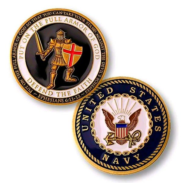 USN United States Navy Challenge Coin Full Armor Of Gold Defend The Faith Badge