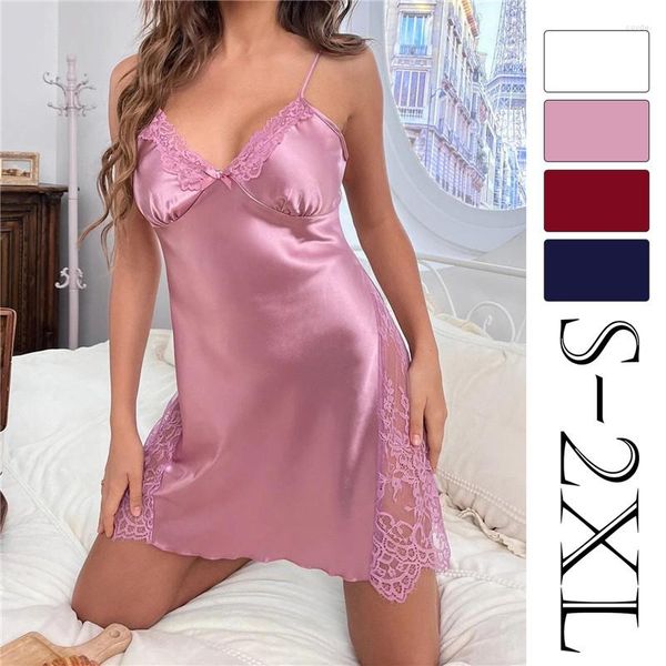 Damennachtwäsche 2023 Sommer Satin Nachthemden Frauen Sexy V-Ausschnitt Sex Nachthemd Spitze Schlafkleid Nighty Femme Nachtwäsche