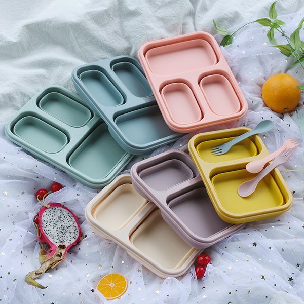 Lunch Box pieghevole Forno a microonde Bento Box Lunch Box in silicone Viaggio all'aperto Contenitore portatile rettangolare a tre celle per alimenti Stoviglie