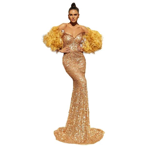 Neue Plus Größe Gold Prom Kleider Straußen Feder Langarm Pailletten Arabisch Party Abendkleid Kleid Vestidos De Gala
