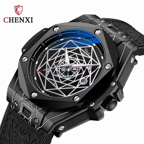 Epilators Big Dial Dial Dial Genuine Leather Watch Men elegante Black Star Fashion Business Chenxi Top Brand Male's Watches Calendário à prova d'água