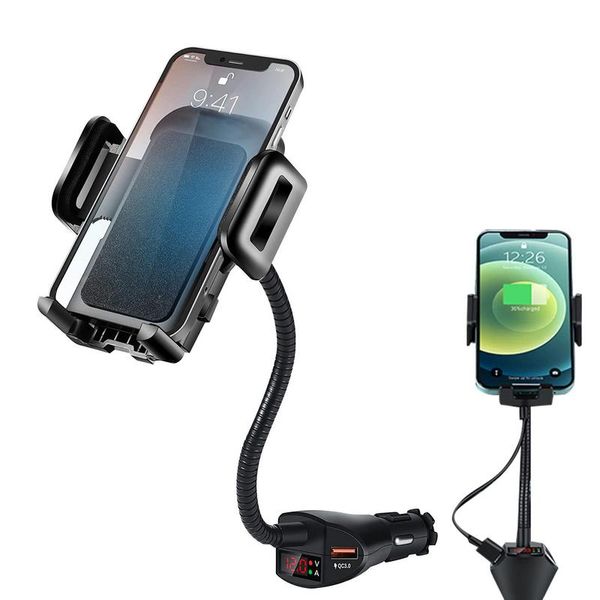 Isqueiro de carro 3 em 1 Suporte de telefone Dual USB Carregador de carro com detector de voltagem Suporte de telefone celular ajustável