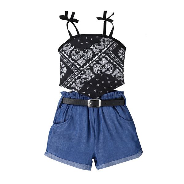 Kleidungssets Sommer Mädchen Blumendruck Ärmelloses Tank und elastische Jeansshorts mit Gürtel Babykleidung Kinder Kinder Outfits 230626