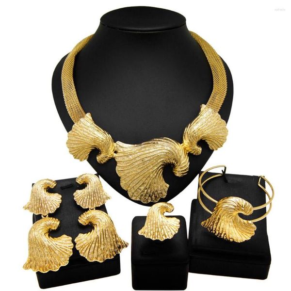 Halskette-Ohrringe-Set Dubai-Gold für Damen, plattierter Schmuck, 24-Karat-Original-Blatt-förmiger Ring