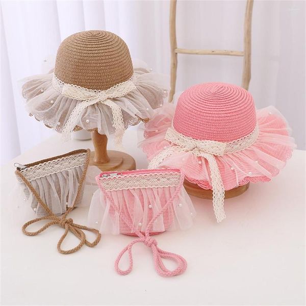 Hüte Baby Mädchen Reise Stroh Sonnenhut Und Einkaufstasche Set Kinder Outdoor Nette Spitze Bogen Breiter Krempe Eimer mit Mini Handtaschen Dropship