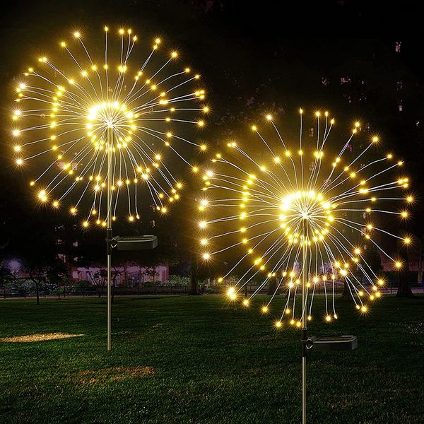 2-teiliges Solar-Feuerwerkslicht aus Kupferdraht, 2 Modi, dekoratives Starburst-Licht für den Außenbereich mit Pfahl für Weihnachtshof, Terrasse, Weg, Auffahrt, Rasen, Garten