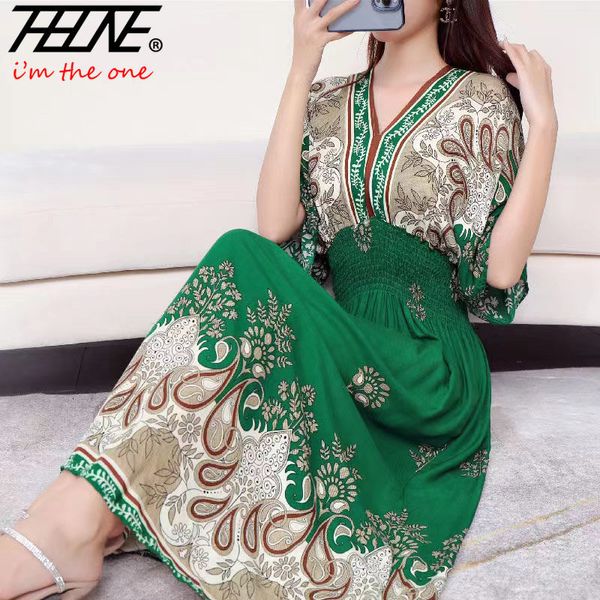 Базовые повседневные платья THHONE Boho Цветочные V-образным вырезом Длинное платье макси для женщин Летний принт Этнический корейский стиль Хлопок Пляжный отдых Vestidos Robe 230627