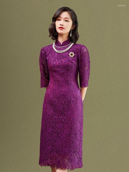 Boutique de roupas étnicas asiática chinesa moderna elegante vestido de renda roxa para mamãe Cheongsam