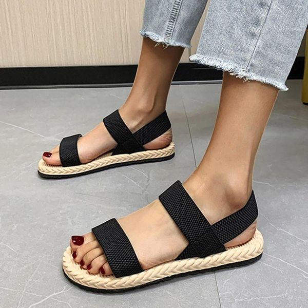 Sandálias Verão Simples Cor Sólida Tira Elástica Dedo Aberto Fundo Plano Sapatos Romanos de Linho de Palha Plus Size Feminino