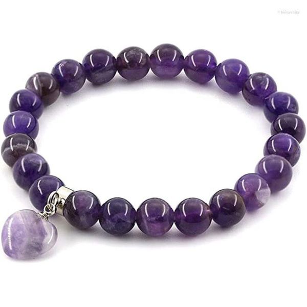 Strang Naturstein-Armband, 8 mm, Chakra-Kristall, runde Perlen, Heilung, Herz-Charm, Liebesanhänger, elastischer Stretch, handgefertigter Schmuck