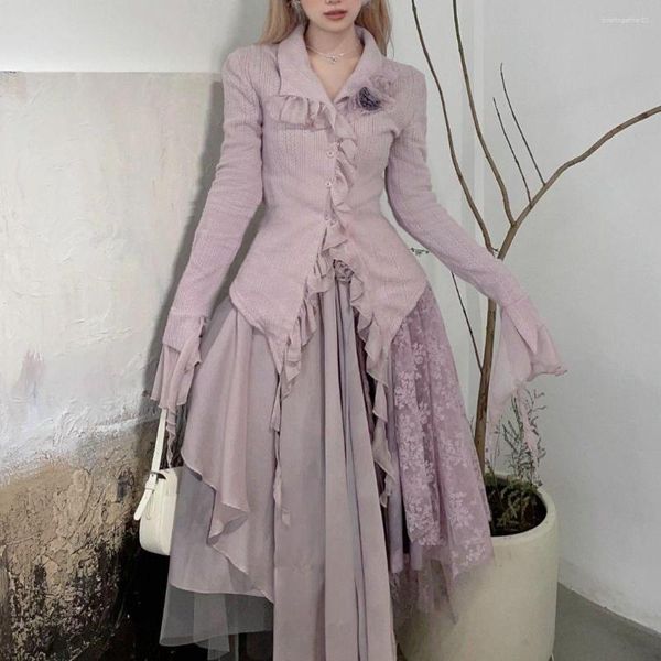 Юбки Splice Gauze Нерегулярные для женщин Fairycore лавандово-фиолетовые длинные кружевные юбки трапециевидной формы с высокой талией корейская мода женские Faldas