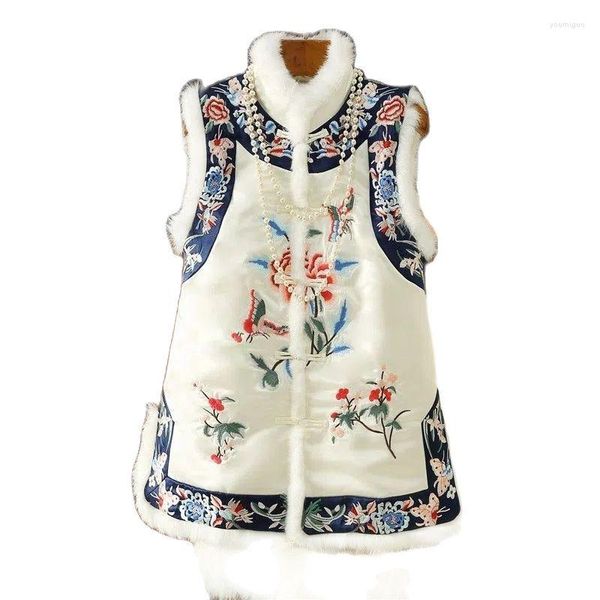 Damenwesten 2023 Winter gepolsterte Steppweste schwere bestickte Baumwolljacke chinesische Nachahmung Haar Cheongsam Weste M984