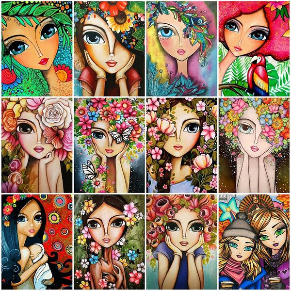 Stitch Momoarart Diamond Painting Girl Woman Mosaic Flower Cross ricamo da cartone animato Ritratto Picture Rhinestones arredamento per la casa