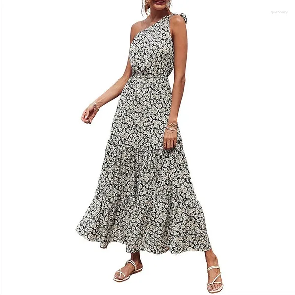 Abiti casual 2023 Abito floreale estivo da donna Una spalla senza maniche Nodo Orlo arruffato Flowy Bohemian Maxi