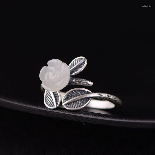 Cluster Rings FNJ Flower Hetian Jade Ring 925 Silver Adjustable Size Original Real S925 Solid For Women Jewelry Fine