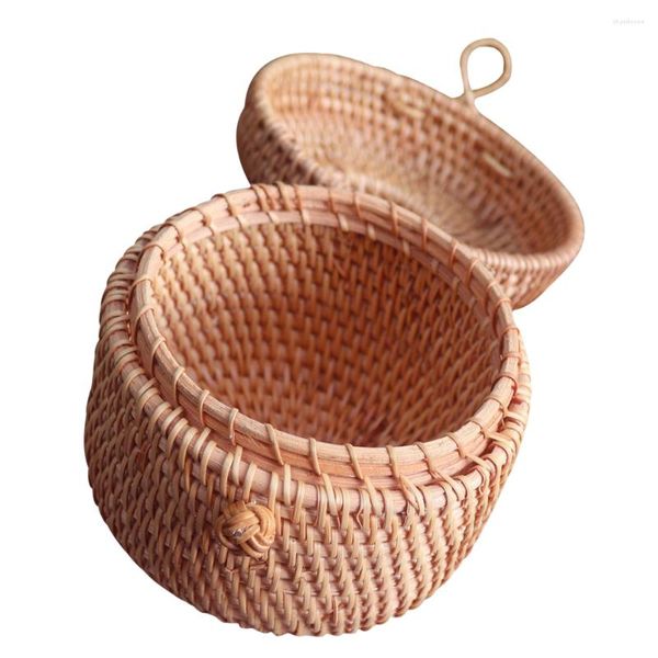 Conjuntos de Louça Cestos de Tecido Tampas Caixa de Armazenamento Redonda Porca 13x13x13cm Tecelagem Fruta Castanho Claro Rattan Suportes de plástico Casa Cozinha Ovo