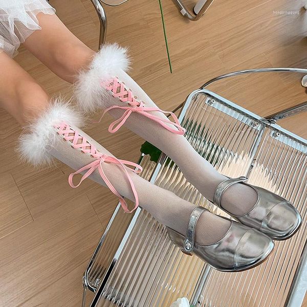 Kadın Çorap Lolita Sevimli Çapraz Bağlantı Diz Yüksek Bale tarzı Kürk Trim Çoraplar y2k Fairycore Grunge Street Giyim 2000s