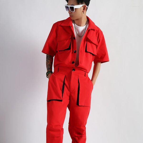 Calça Masculina Masculina Red Tooling Multi-bolsos Algodão Macacão Manga Curta Tide Masculino Boate Retrô