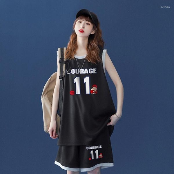 Fato de treino feminino Terno esportivo feminino 2023 Estudantes de verão Versão coreana de colete casual solto Uniforme de basquete Jersey de duas peças