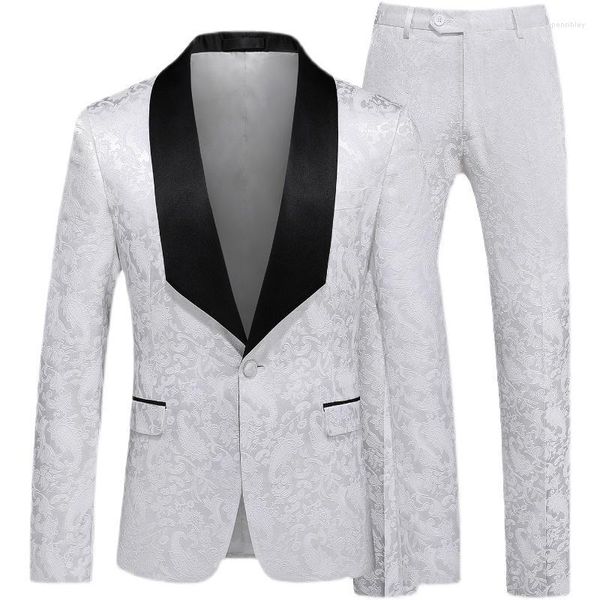 Abiti da uomo Blazer da uomo Design Smoking a due pezzi Uomo Jacquard Colletto a contrasto Scialle Risvolto Completo da uomo slim fit Bianco Rosa Matrimonio da festa