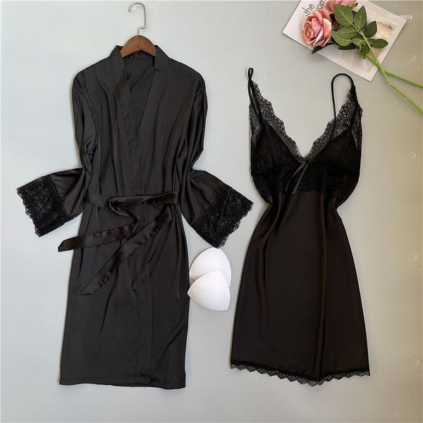 Pijamas femininos femininos preto cetim quimono conjunto vestido primavera casual casa vestido camisola sexy com decote em v oco para fora arco doce