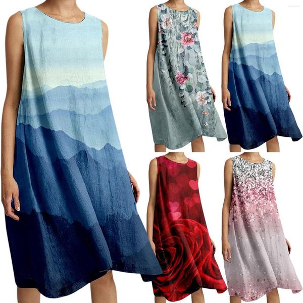 Freizeitkleider Damen-Kleid, elastisch, lockerer Farbverlauf, Rosendruck, geeignet für Strand, Meer, lange kleine Frauen