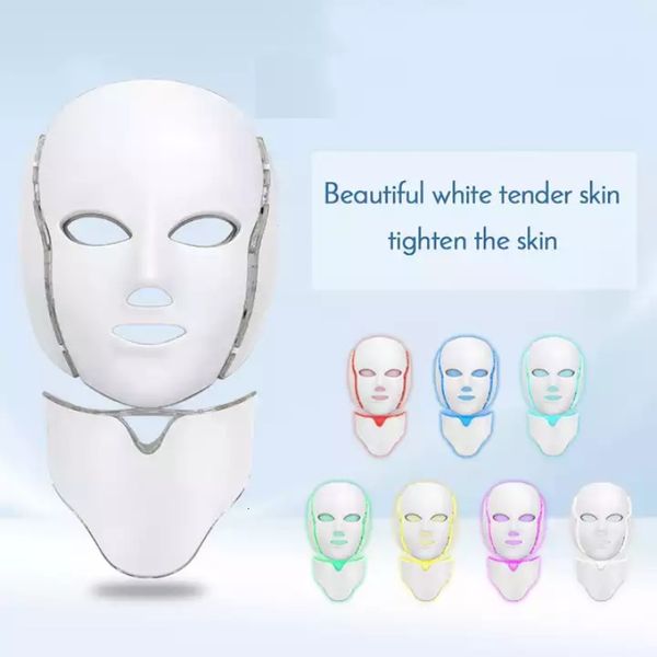 Massaggiatore viso LED Pon 7 Maschera colorata Ringiovanimento della pelle Terapia Collo Macchina antirughe Età Sbiancamento Riparazione Cura della bellezza Strumenti per massaggi 230626