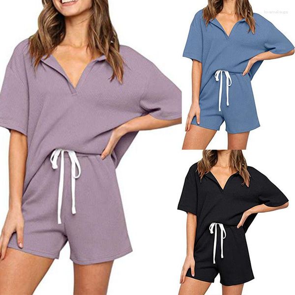 Agasalhos femininos Terno feminino legal Pijama verão manga curta camiseta Shorts Conjunto de duas peças Lazer Roupas para casa Roupas Conjuntos de colheita sólida