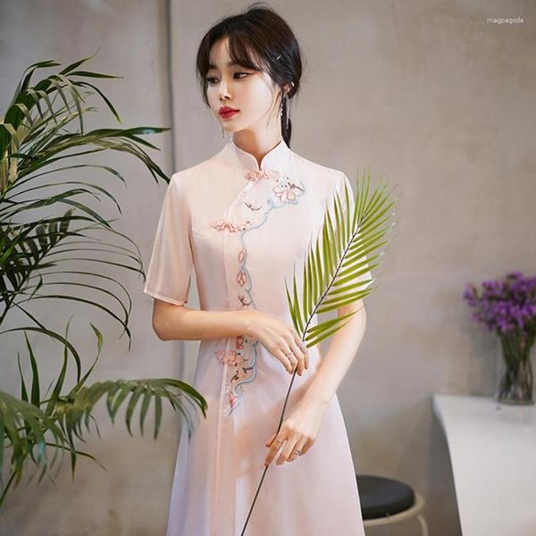 Etnik Giyim Kadın Elbise Çin Geleneksel Cheongsam Yaz Zarif Çiçek Nakış Modern Vintage Bölünmüş Qipao Gelinlik