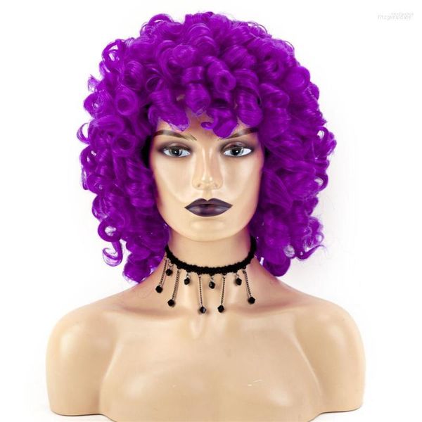 Parrucche sintetiche ricci afro per donne nere parrucca capelli corti con frangia rosso giallo viola marrone cosplay uso quotidiano