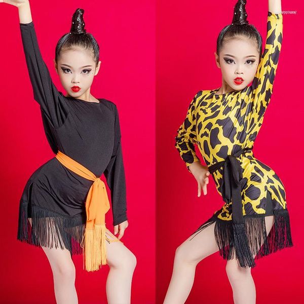 Vestimenta de palco Vestido preto com franjas de leopardo Meninas Dança latina Roupas infantis Salão de baile Prática de salsa SL5920