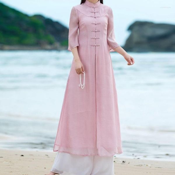 Ethnische Kleidung 2023 Frühling Mandarin Kragen Lose Feste Farbe Lange Robe Vintage Kleid Cheongsam Traditionelle Chinesische Qipao 12034