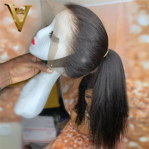 Parrucca di capelli umani Yaki italiani Colore naturale Glueless Parrucche piene di pizzo per le donne Pre pizzicate Remy brasiliana 180%