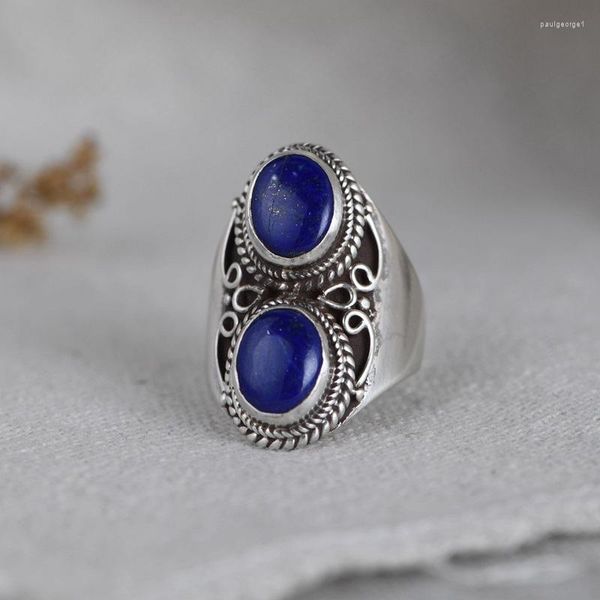 Cluster Ringe FNJ 925 Silber Lapis Lazuli Echt Original S925 Solide Prue Ring Für Frauen Schmuck Vintage