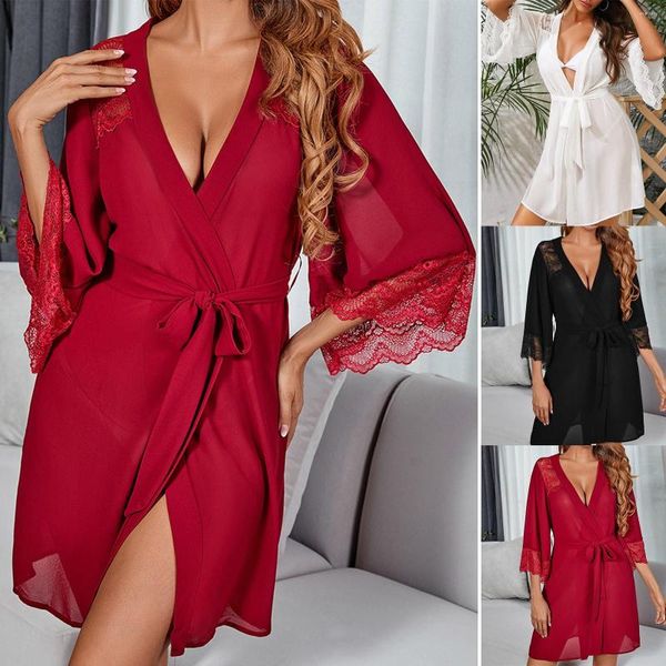 Pijama feminino Sexy Lingerie Cetim Renda Quimono preto Roupão íntimo Vestido de noite Roupa íntima feminina Roupão de banho Peignoir Femme